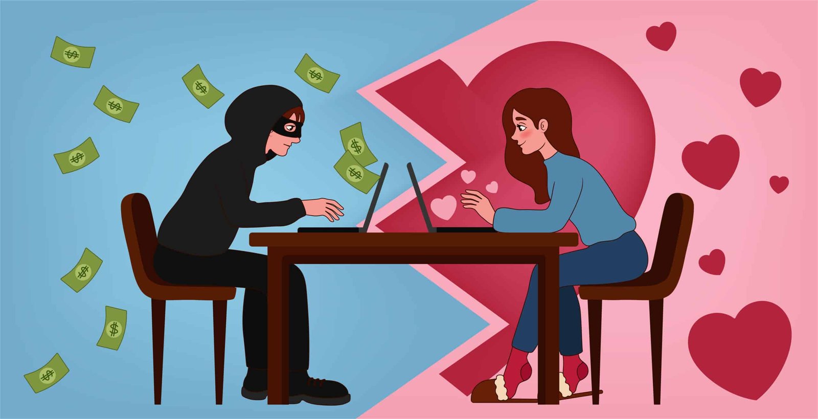 Young woman having online date with fake boyfriend. Concept of internet fraud