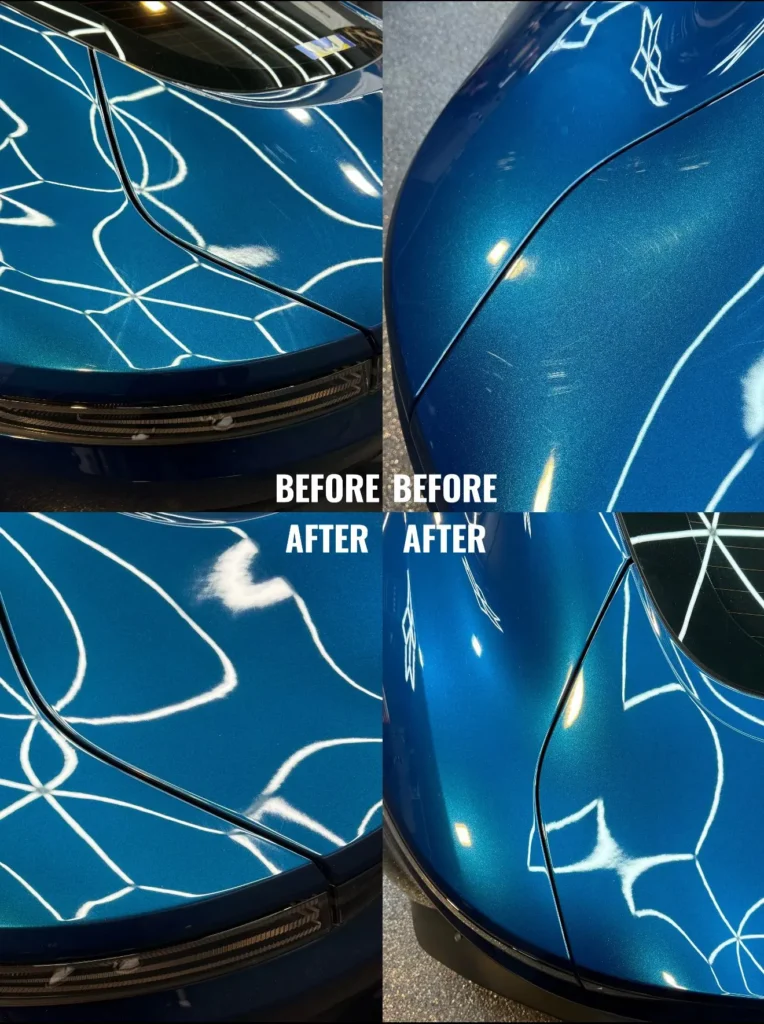 Before and after paint correction on a black hood